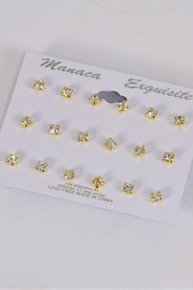 Gold VS1 Rhinestone Stud Earrings 4mm - 9 pair