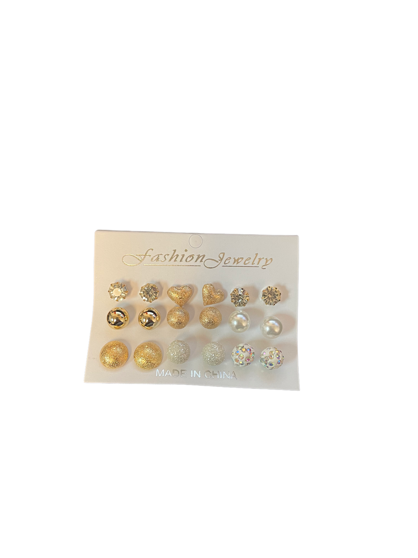 Pearl and Glitter and Stone Stud Earrings (Heart)- 9 pair