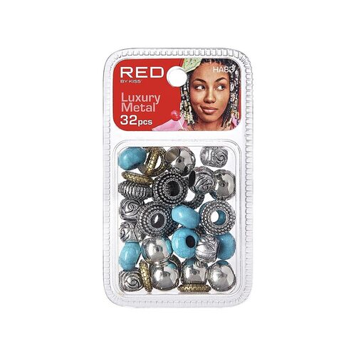 Red BY Kiss 32 Pieces Beads, Luxury Metal beads for hair Braids, Bracelet beads, Beads for Crafts, Kids hair accessory Beads