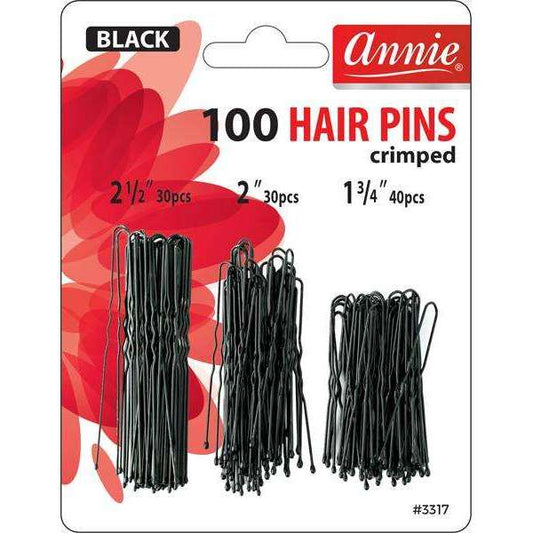 Annie 100 Crimped Hair Pins 3 Sizes - Ball Tipped - Black