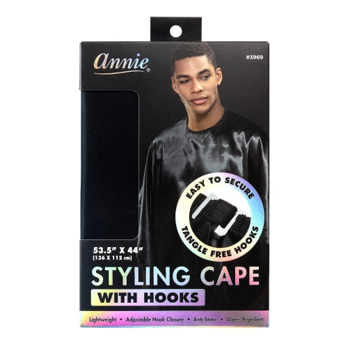 ANNIE CAPE BARBER STYLING CAPE WITH HOOK - BLACK