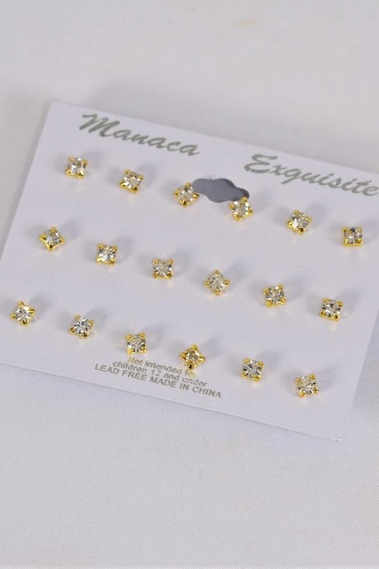 Gold VS1 Rhinestone Stud Earrings 4mm - 9 pair